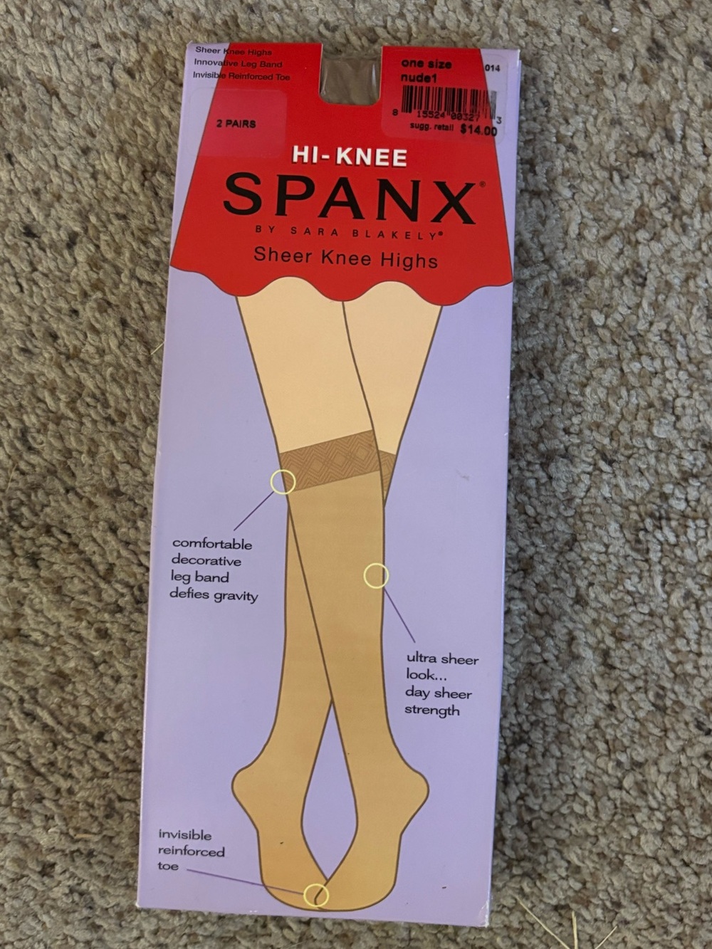Spanx Hi-Knee Knee Highs Reinforced Toe Nude 1 Sheer One Size 2 Pair